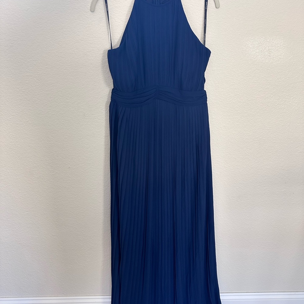 TFNC London Serene Maxi Navy Pleated Halter Bridesmaid / NWT  — Size 8